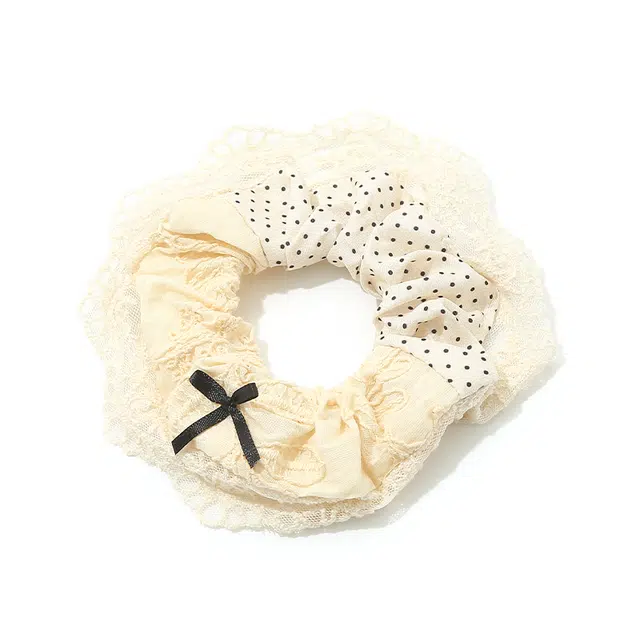 如花梦 蕾丝波点蝴蝶结大肠高级感奶白色 布艺 发圈 女款