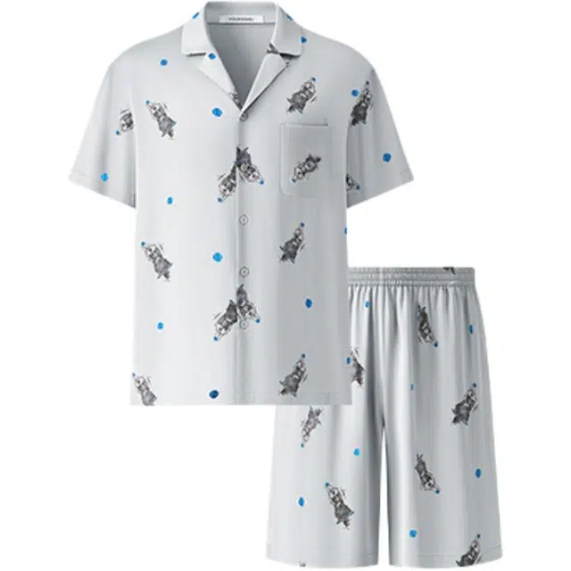 有棵树 舒适翻领开衫短袖短裤可外穿睡衣套装 男款