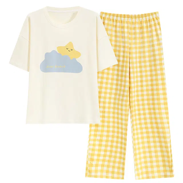 睦隆世家 纯棉短袖休闲舒适家居服格子可外穿睡衣套装 女款