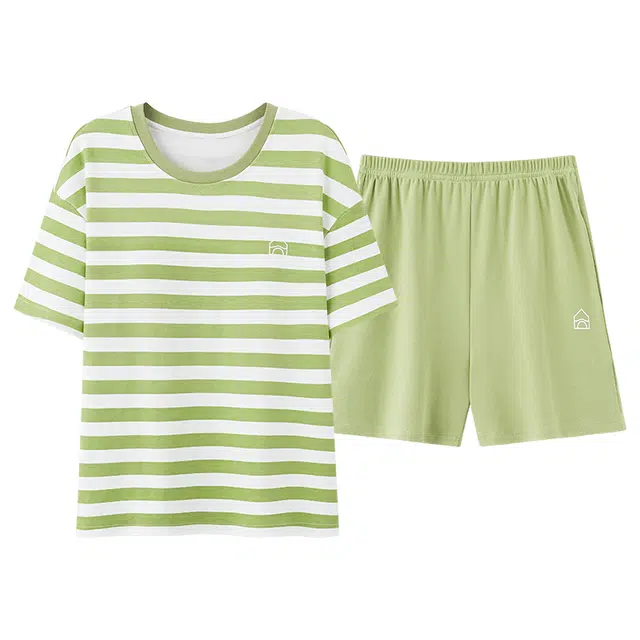 俏佳人 纯棉圆领条纹带胸垫套头舒适透气慵懒休闲可外穿短袖短裤家居服睡衣套装 女款