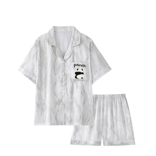 俏韵 时尚灰色熊猫冰丝薄款短袖翻领家居服可外穿睡衣套装 男款