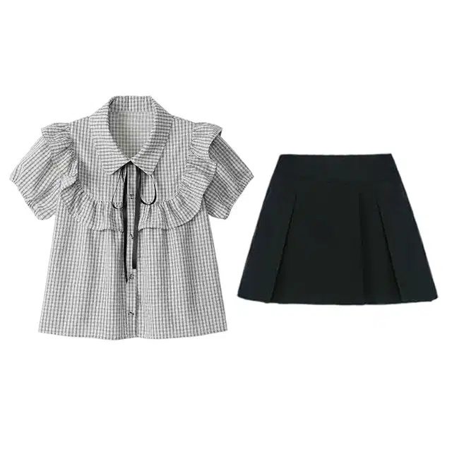 小菊川栗 韩版学院风洋气甜美百搭短袖娃娃领荷叶边蝴蝶结条纹衬衫上衣裙装套装 女款