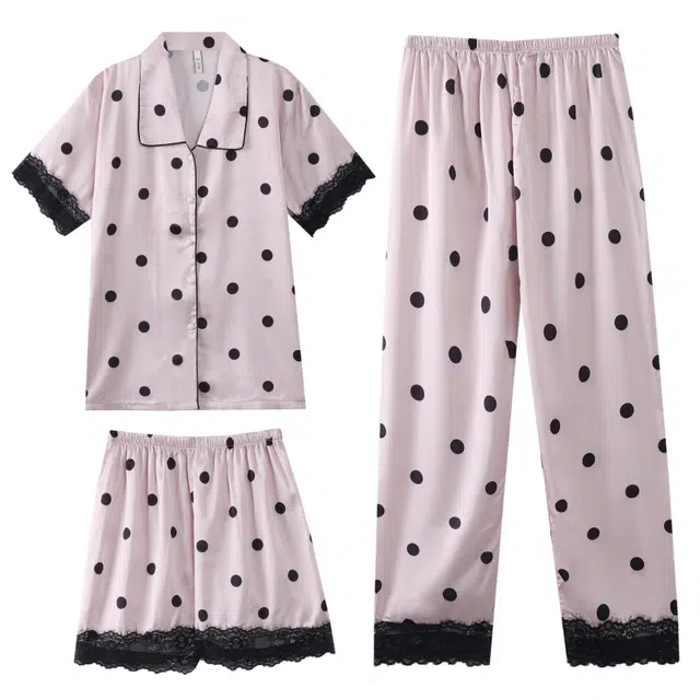 夏芬妍 甜美休闲高级感波点蕾丝冰丝翻领家居服舒适亲肤宽松短袖三件套可外穿睡衣套装 女款 粉色