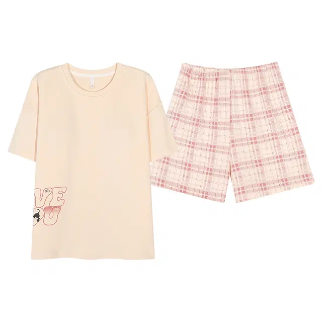 俏佳人 纯棉带胸垫舒适透气百搭休闲可外穿圆领短袖短裤家居服睡衣套装 女款