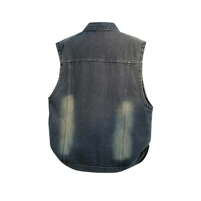 美式复古高街痞帅翻领无袖百搭休闲通勤款牛仔外套 男女同款