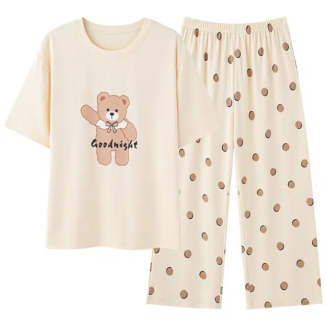 俏薇妮 简约纯棉可爱熊温馨慵懒高级感短袖七分裤带胸垫家居服柔软舒适透气凉感可外穿睡衣套装 女款