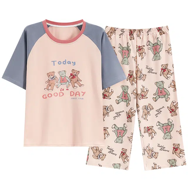 睦隆世家 纯棉短袖简约舒适休闲家居服可外穿睡衣套装 女款