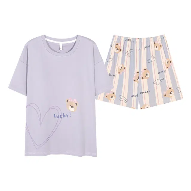 俏佳人 纯棉爱心卡通带胸垫套头舒适透气慵懒休闲可外穿短袖短裤家居服睡衣套装 女款