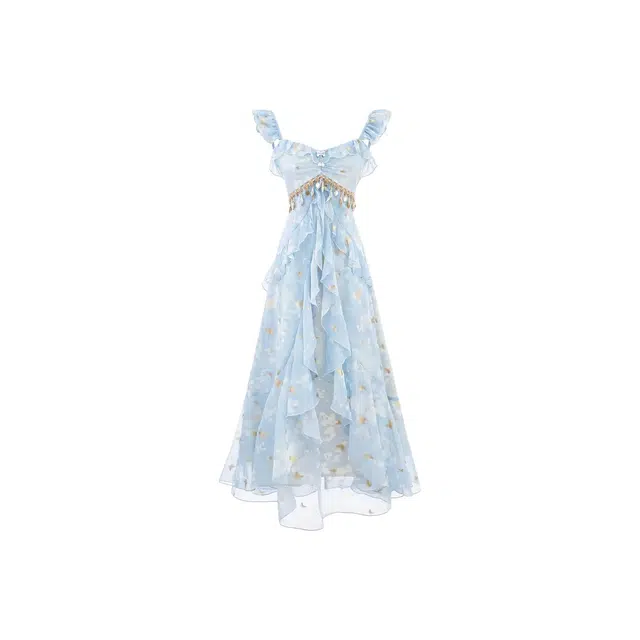 沐晓欣 法式复古重工蝴蝶亮片高级设计感仙女不规则荷叶边绝美海边度假风乖乖女穿搭层次感独特设计吊带连衣裙 女款