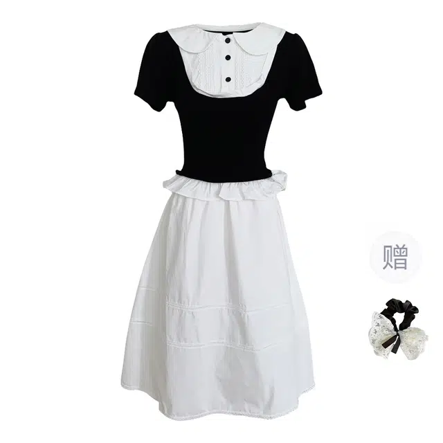 涂诗菲 韩系学院风假两件拼接衬衫翻领短袖上衣甜美高腰显瘦花边半身裙裙装套装 女款