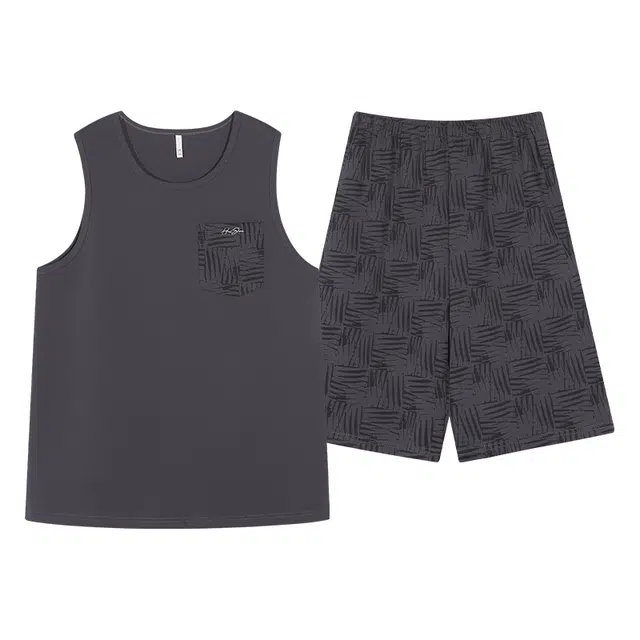 俏佳人 纯棉舒适透气慵懒无袖休闲背心家居服睡衣套装 男款