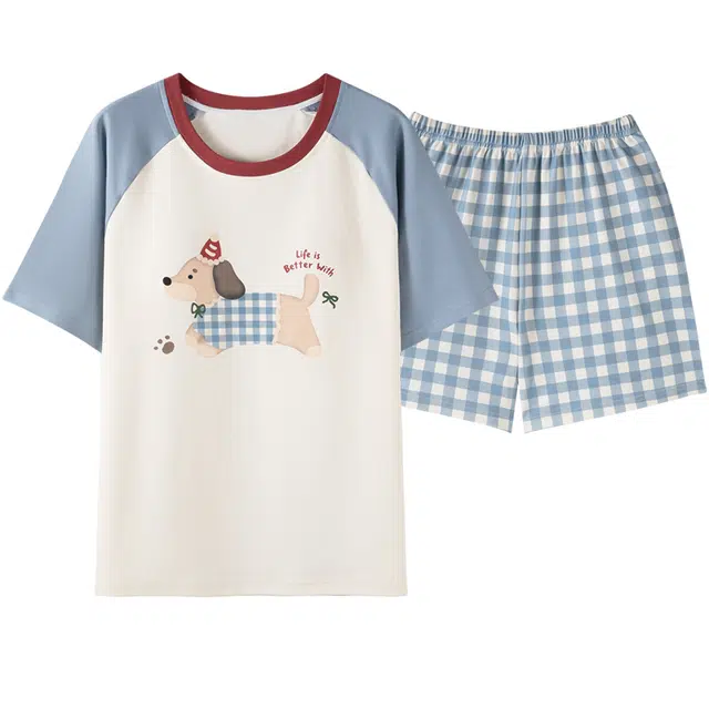 俏佳人 纯棉慵懒套头舒适透气休闲可外穿圆领短袖家居服睡衣套装 女款