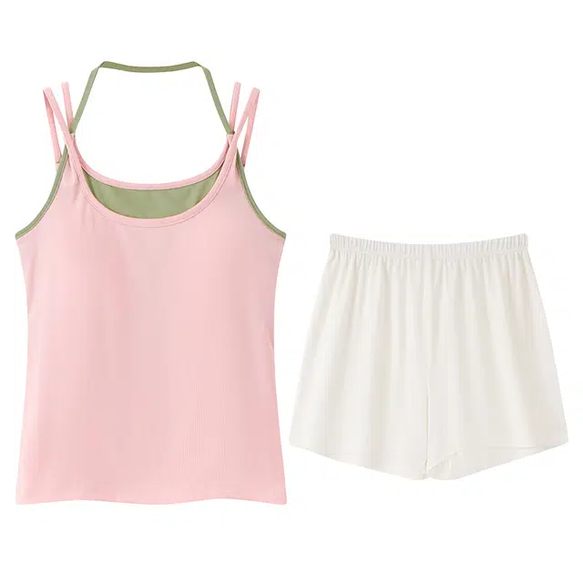 俏霓桐 夏季薄款甜美休闲简约可爱少女风带胸垫无袖家居服可外穿睡衣套装 女款