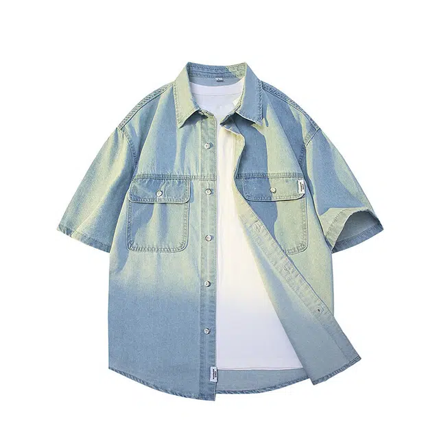 颂希尔 双口袋牛仔衬衣外套宽松薄款复古潮牌短袖衬衫 男女同款
