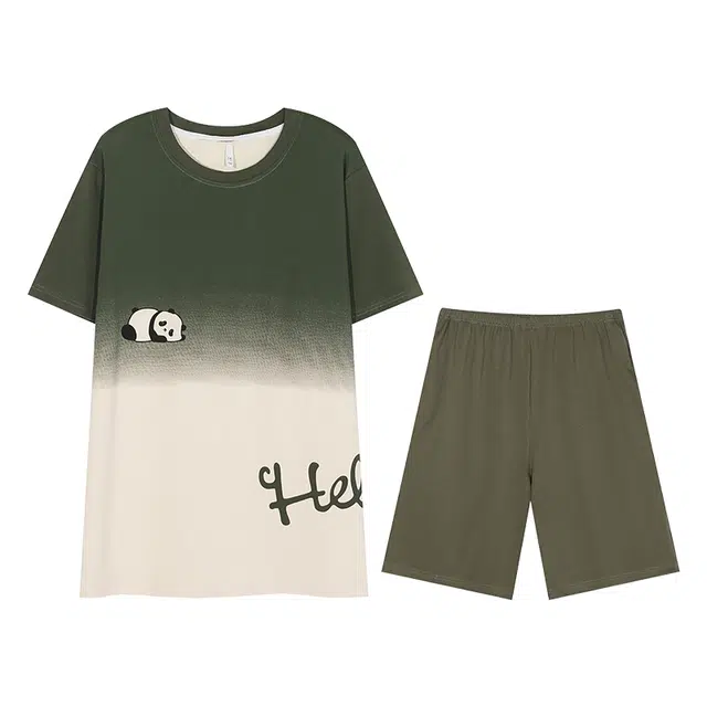 向薇 夏季天薄款男纯棉短袖卡通熊猫印花男士男生家居服全棉睡衣套装 男款