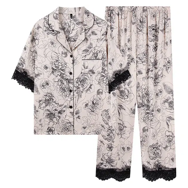 桔内 高级感丝绸休闲服冰丝短袖长裤仿真丝家居服复古印花玫瑰花凉感可外穿三分袖睡衣套装 女款