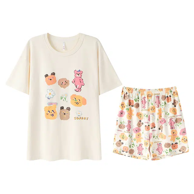 向薇 可爱仿棉短袖带胸垫一体家居服可外穿睡衣套装 女款