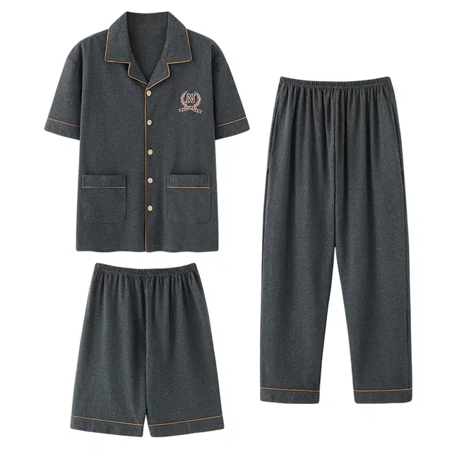 睦隆世家 夏季纯棉短袖长裤薄款短裤休闲舒适家居服可外穿睡衣套装 男款 深灰色