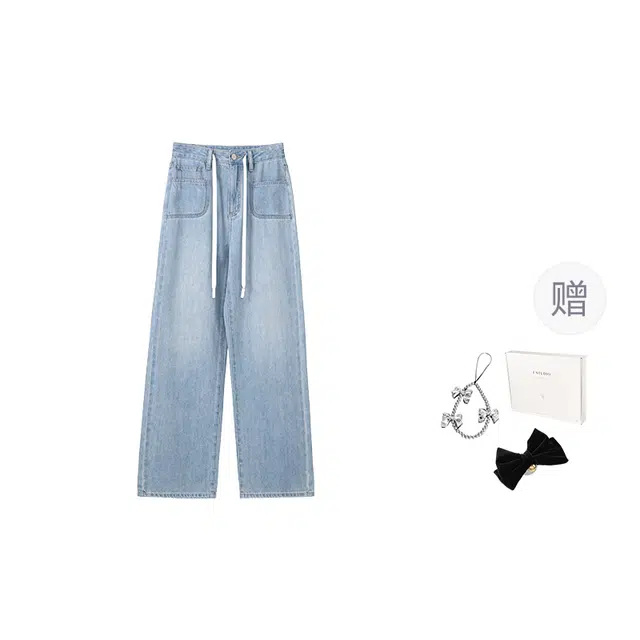 法儿家 淡蓝铅笔夏季韩系通勤简约抽绳直筒牛仔裤 女款 蓝色