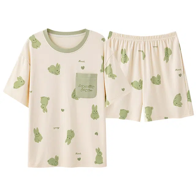 俏薇妮 柔软简约纯棉可爱时尚兔子高级感短袖短裤带胸垫家居服舒适透气休闲宽松凉感可外穿夏季睡衣套装 女款 深杏