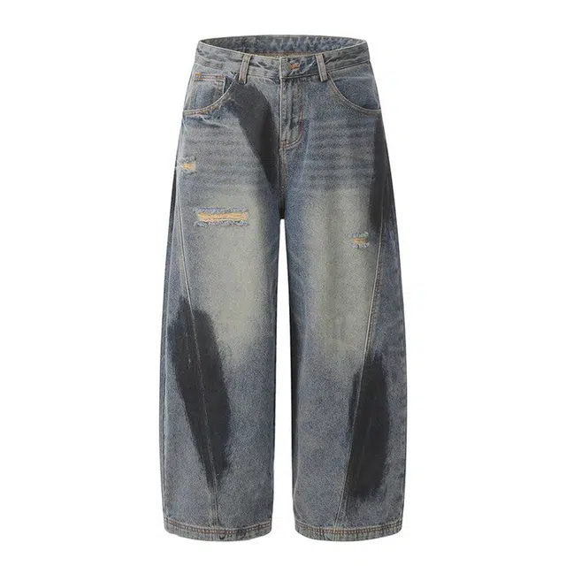 极限涡轮 美式弯刀阔腿拼接解构破洞喷绘做旧设计感宽松垂感长裤牛仔裤 男女同款