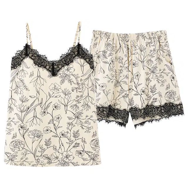 俏佳人 休闲带胸垫基础纯棉花卉蕾丝舒适透气可外穿吊带家居服睡衣套装 女款