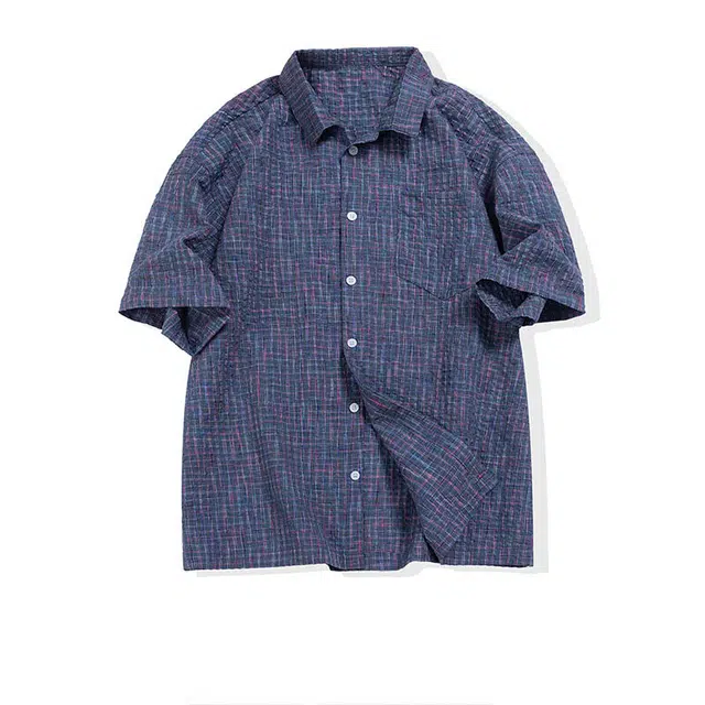 欧路得 美式格纹泡泡纱薄款设计感半袖宽松速干短袖衬衫 男款