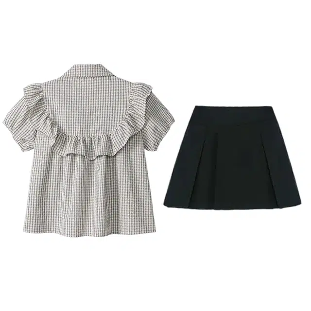 小菊川栗 韩版学院风洋气甜美百搭短袖娃娃领荷叶边蝴蝶结条纹衬衫上衣裙装套装 女款