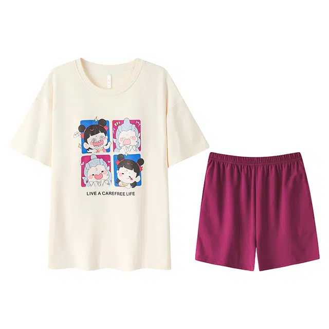 向薇 仿棉短袖带胸垫一体大码宽松家居服睡衣套装 女款