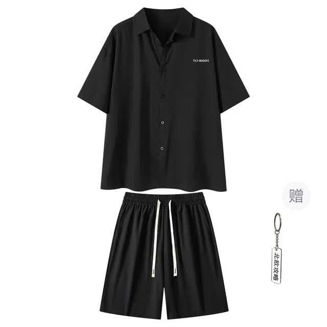 北欧攻略 韩系高级感冰丝凉感垂感顺滑飘逸松弛感轻薄透气舒适短袖衬衣外套宽松五分裤懒人搭配一套痞帅休闲通勤衬衫套装 男女同款