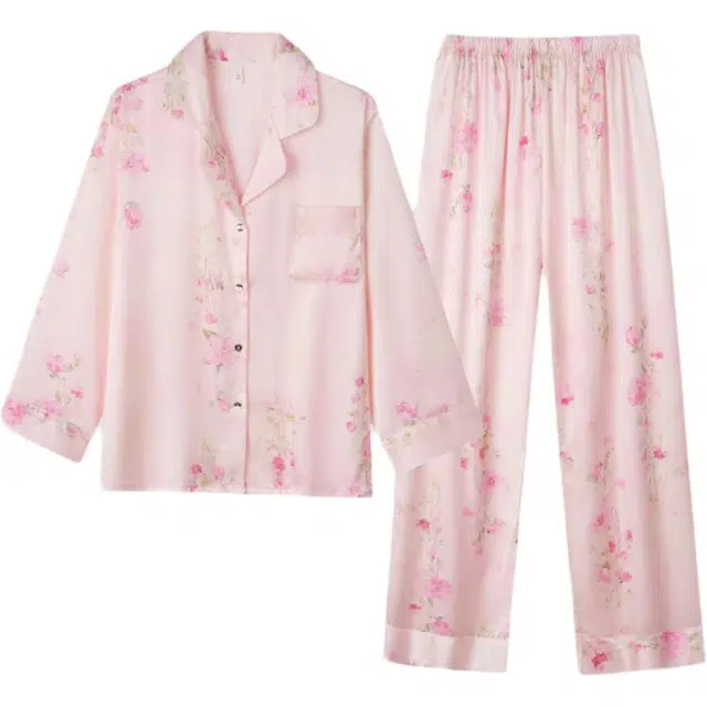 宫蝶 长袖甜美植物花卉小翻领长裤睡衣套装 女款