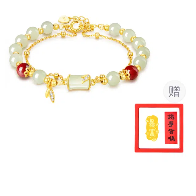 【赠金手机贴】 华髻 节节高升 竹节新中式国潮小众设计高级感轻奢风古风小清新 叠穿双链 玉髓 玉石手串 男女同款情侣款