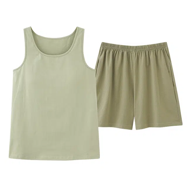 俏佳人 纯色休闲带胸垫基础纯棉舒适透气可外穿背心家居服睡衣套装 女款