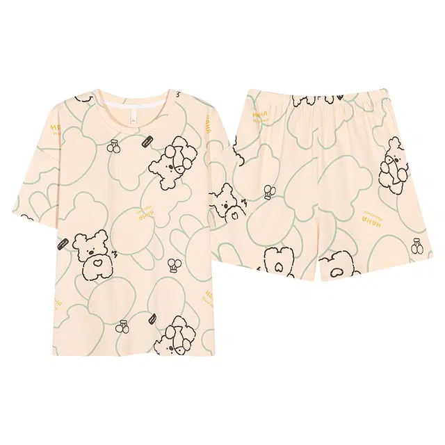 俏佳人 带胸垫纯棉圆领套头舒适透气慵懒休闲可外穿圆领短袖短裤家居服睡衣套装 女款