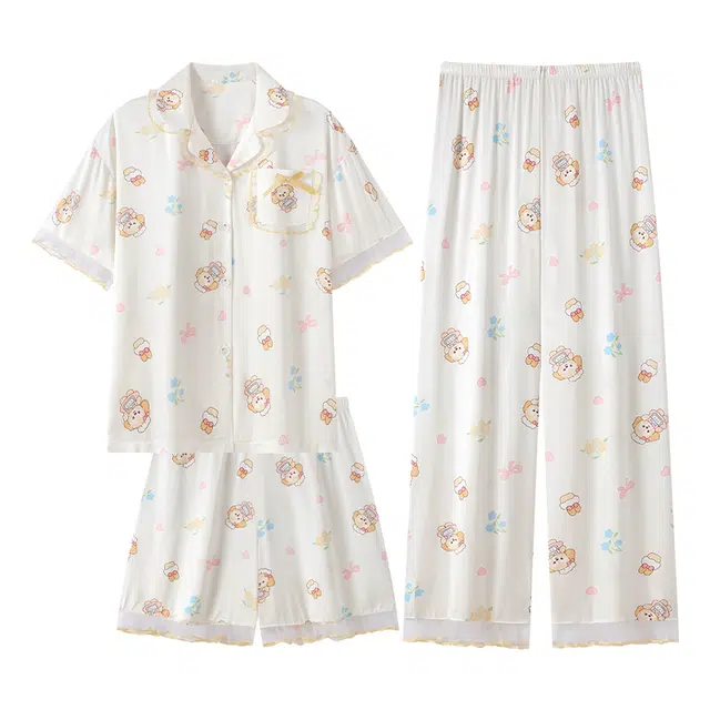 莫代尔 宽松显瘦舒适个性简约翻领开衫气质时尚百搭柔软细腻短袖短裤长裤三件套家居服可外穿睡衣套装 女款