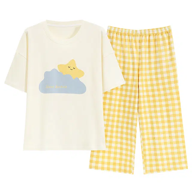 睦隆世家 格子纯棉短袖简约休闲家居服可外穿睡衣套装 女款