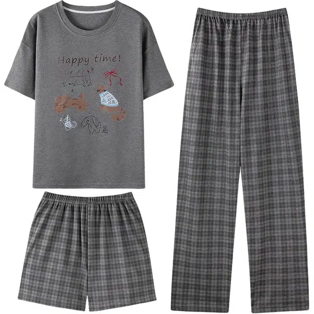 俏霓桐 夏季薄款可爱卡通简约休闲格纹带胸垫棉亲肤透气家居服可外穿睡衣套装 女款 三件套