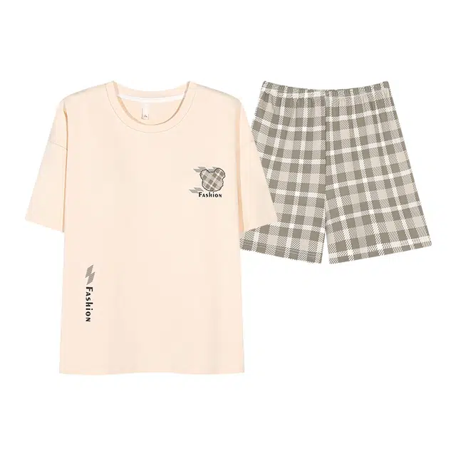 俏佳人 纯棉带胸垫圆领套头舒适休闲可外穿短袖短裤家居服睡衣套装 女款