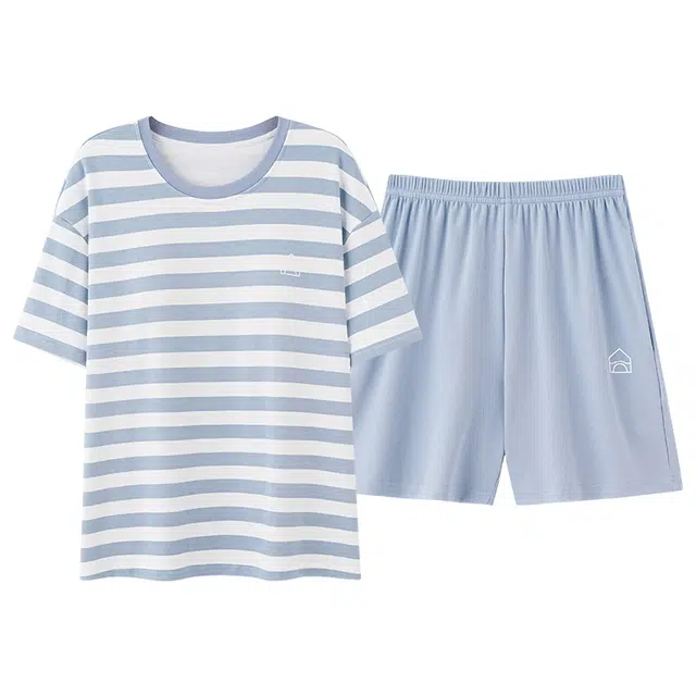 俏佳人 纯棉带胸垫条纹圆领套头舒适透气慵懒休闲可外穿短袖短裤家居服睡衣套装 女款