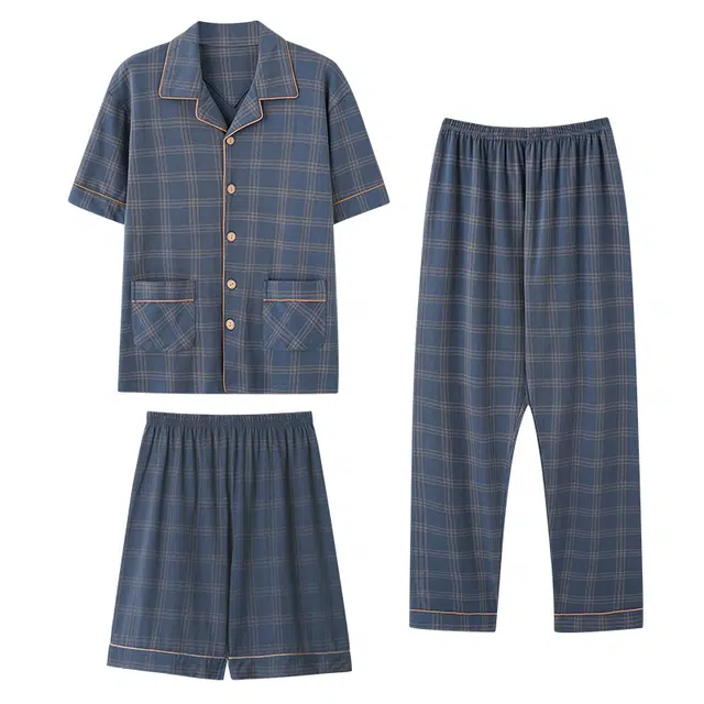 睦隆世家 夏季纯棉短袖长裤薄款短裤家居服可外穿睡衣套装 男款 铅色