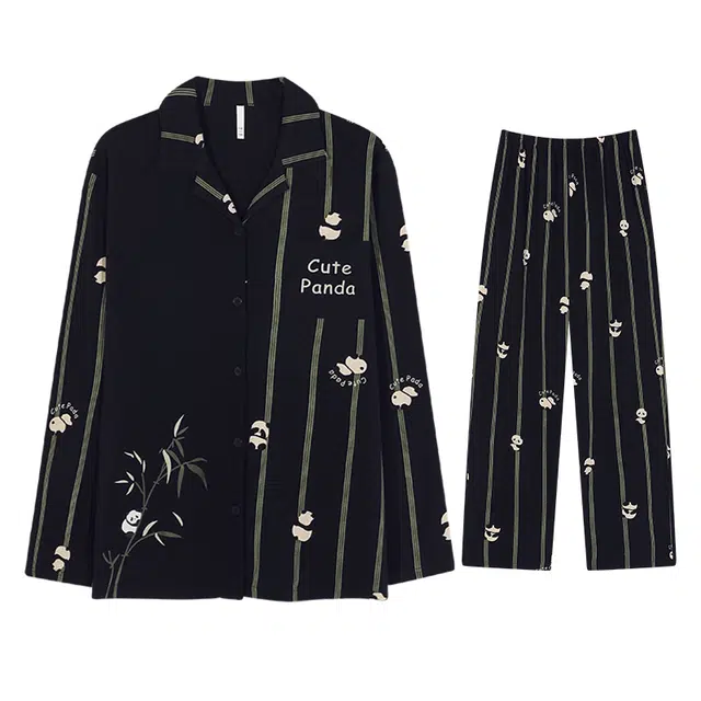 向薇 纯棉长袖秋冬薄款卡通熊猫家居服睡衣套装 男款