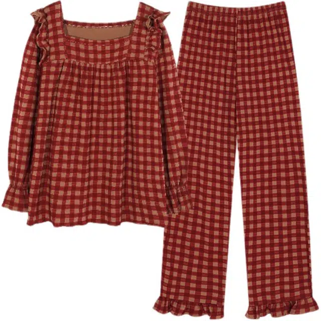 宫蝶 纯棉长袖带胸垫格子方领长裤睡衣套装 女款