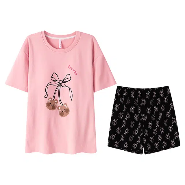 向薇 卡通可爱薄款短袖短裤学生大码宽松家居服带胸垫睡衣套装 女款