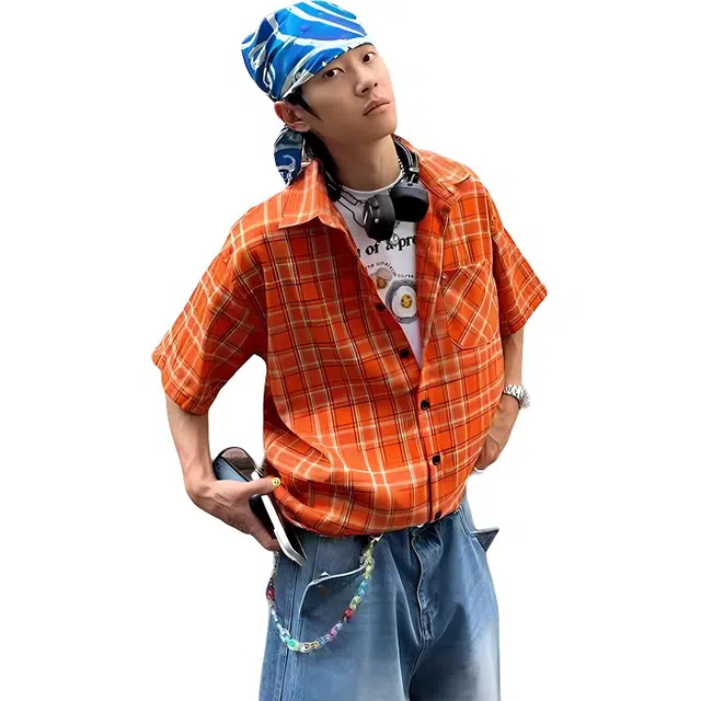 单爵 美式复古格纹夏季薄款防晒开衫格子短袖衬衫 男女同款