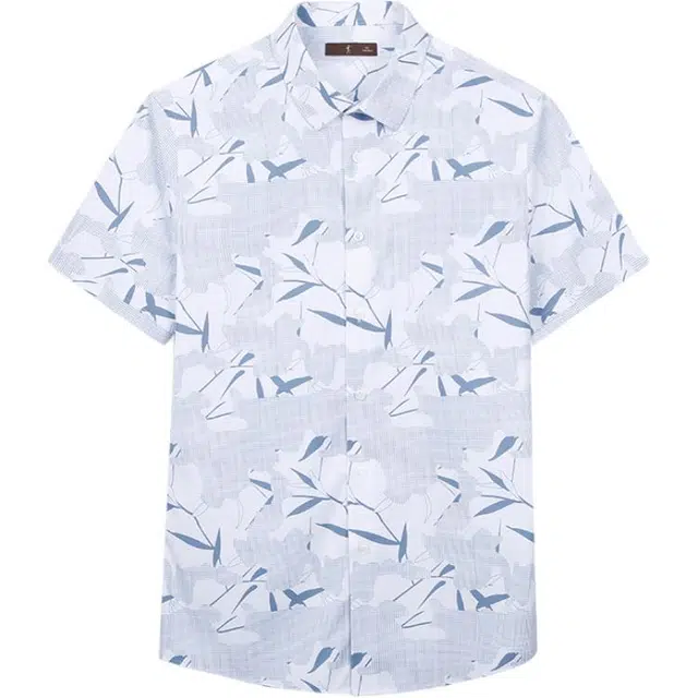 才子 舒适时尚透气竹叶元素满印短袖衬衫 男款