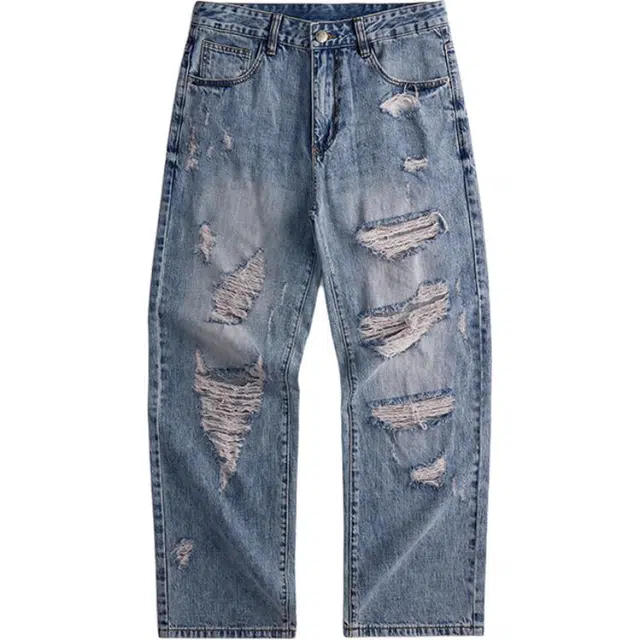 希越 薄款破洞裤直筒宽松水洗夏季牛仔裤 男款