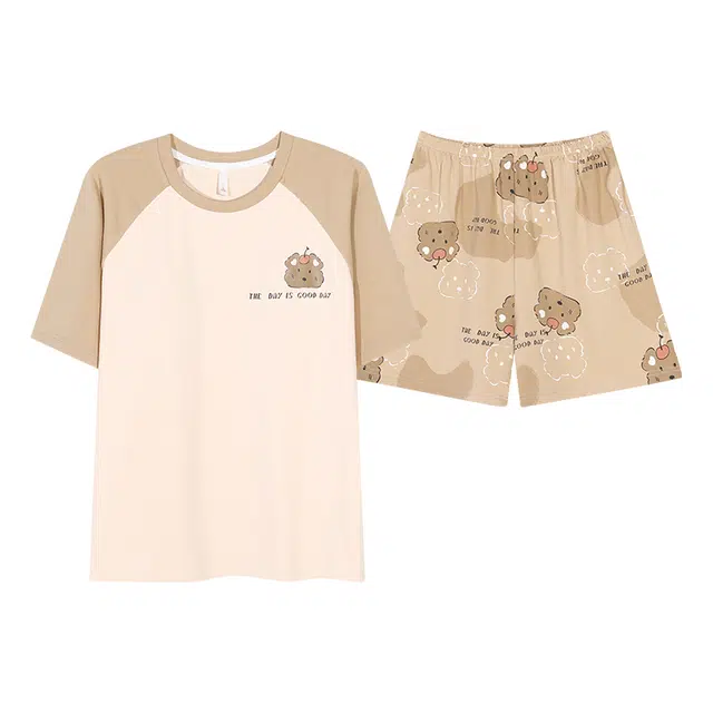 俏佳人 纯棉带胸垫套头撞色舒适透气慵懒休闲可外穿短袖短裤家居服睡衣套装 女款