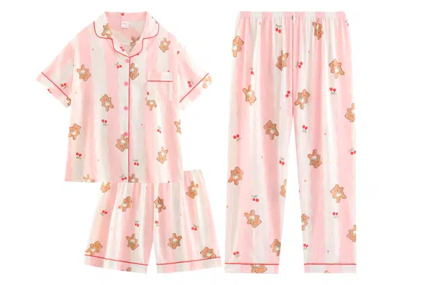 夏芬妍 柔软舒适条纹小熊云朵棉翻领开衫家居服亲肤休闲短袖三件套时尚可外穿睡衣套装 女款