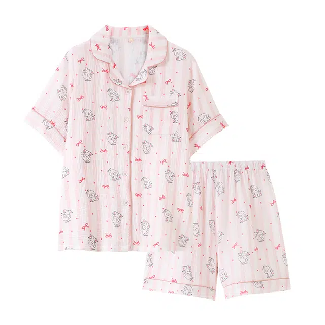 俏霓桐 夏季薄款甜美可爱卡通小狗简约休闲双层纱绉布亲肤家居服可外穿睡衣套装 女款