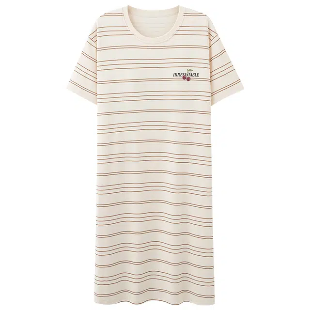 俏佳人 纯棉条纹圆领套头亲肤柔软舒适透气慵懒休闲宽松短袖家居服睡裙 女款